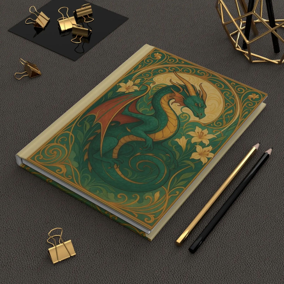 Notebook featuring ornate Art Nouveau dragon illustration.