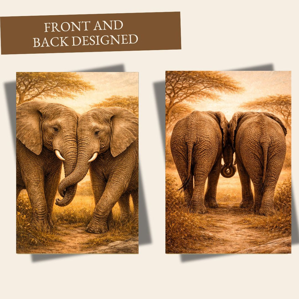 Two elephants touching trunks in a warm savanna landscape, romantic Valentine’s greeting card artwork.