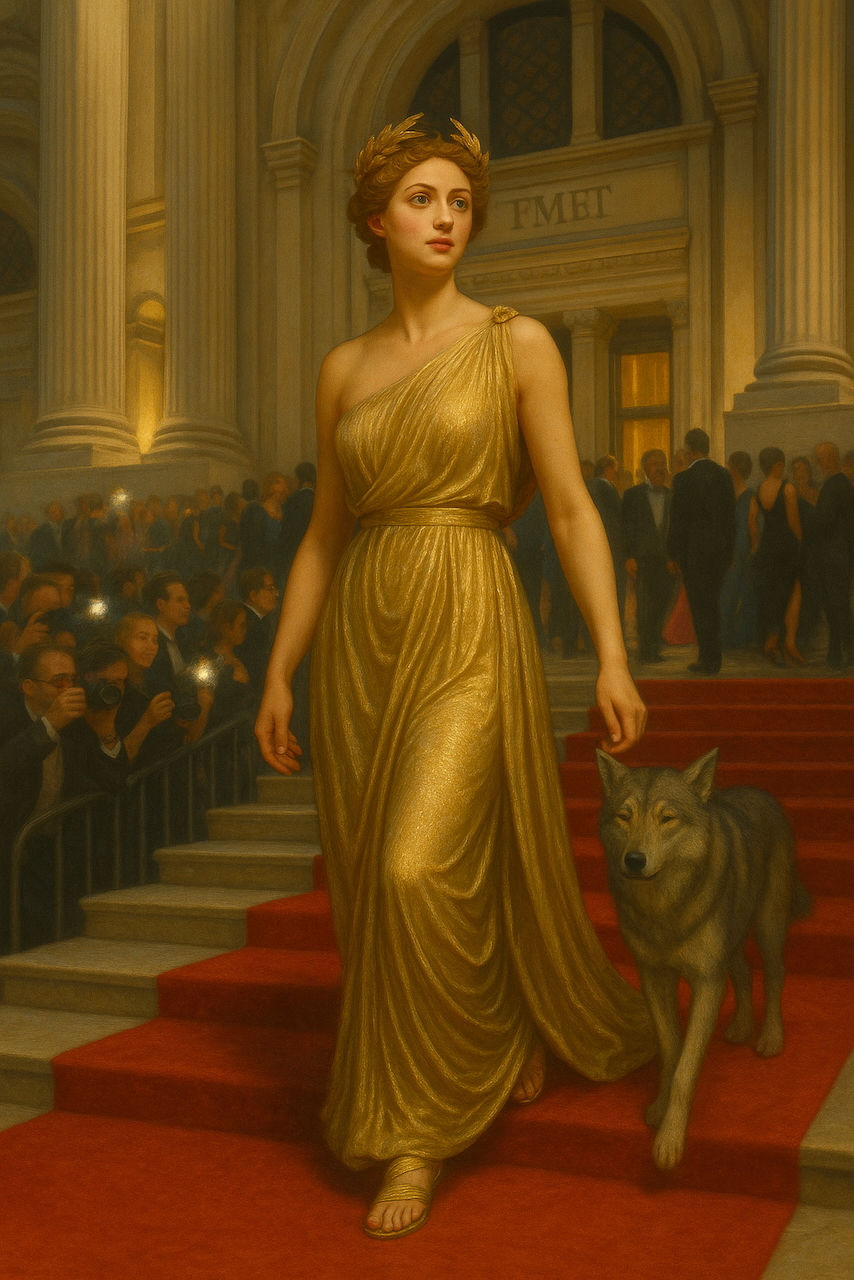 Europa at the Met Gala – Neoclassical Style Print
A goddess among flashbulbs, Europa descends into the spotlight—timeless, regal, radiant.