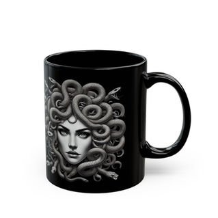 Black ceramic mug featuring a detailed grayscale illustration of Medusa with snakes for hair.