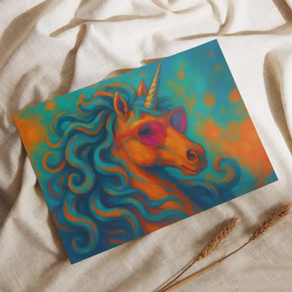 Bundle of retro-style unicorn postcards with 70s fantasy colors.
