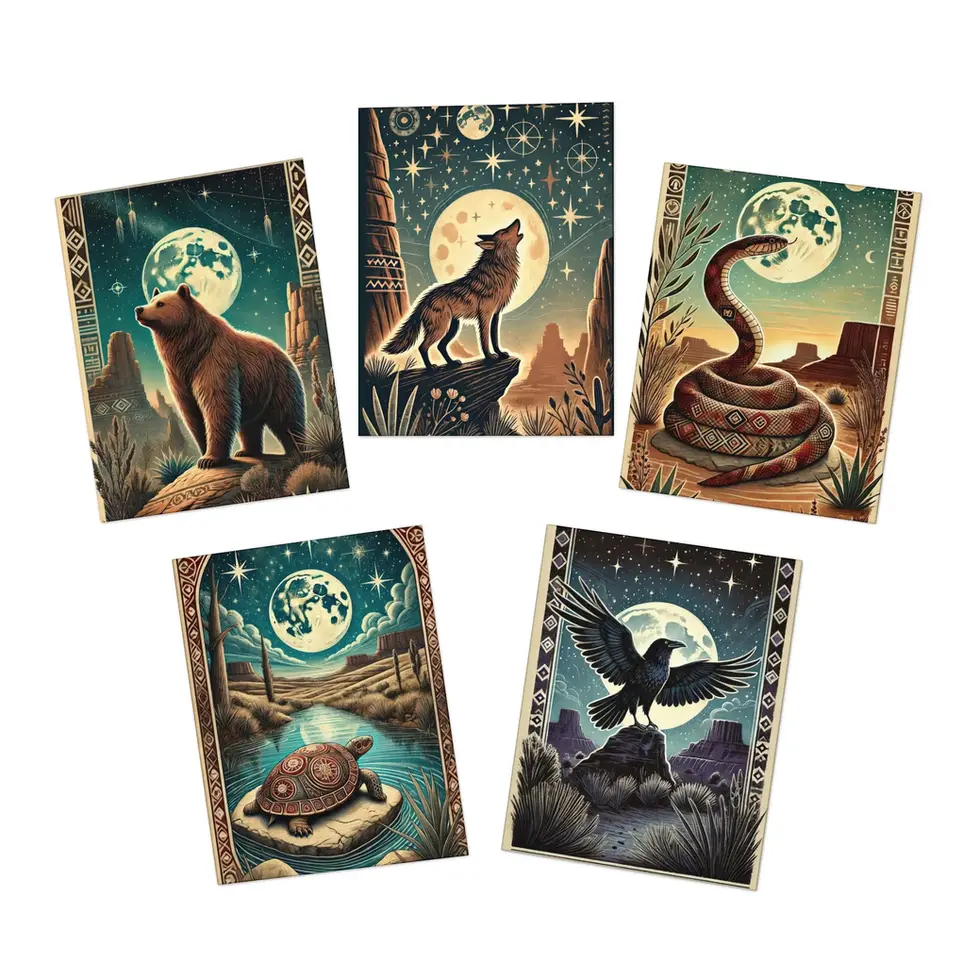 Greeting card set with mystical spirit animal designs featuring wolf, snake, turtle, raven, and bear under the moonlight. Inc
