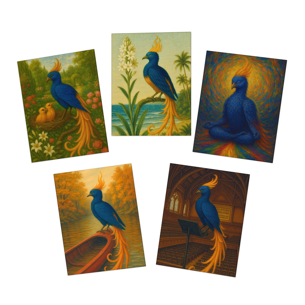 Five-pack phoenix greeting card set featuring fiery mythical bird artwork.