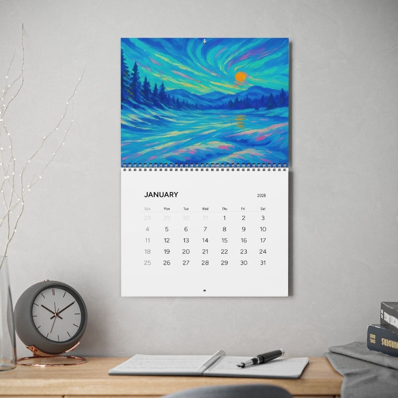 2026 wall calendar featuring vibrant impressionist art landscapes and tropical scenes in bold retro colors