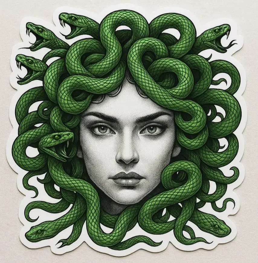 Medusa vinyl sticker with bold green linework, detailed snakes, and a fierce gaze on a white background.