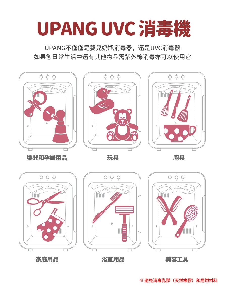 UPANG不僅僅是嬰兒奶瓶消毒器，還是UVC消毒器。如果您日常生活中還有其他物品需紫外線消毒亦可以使用它。