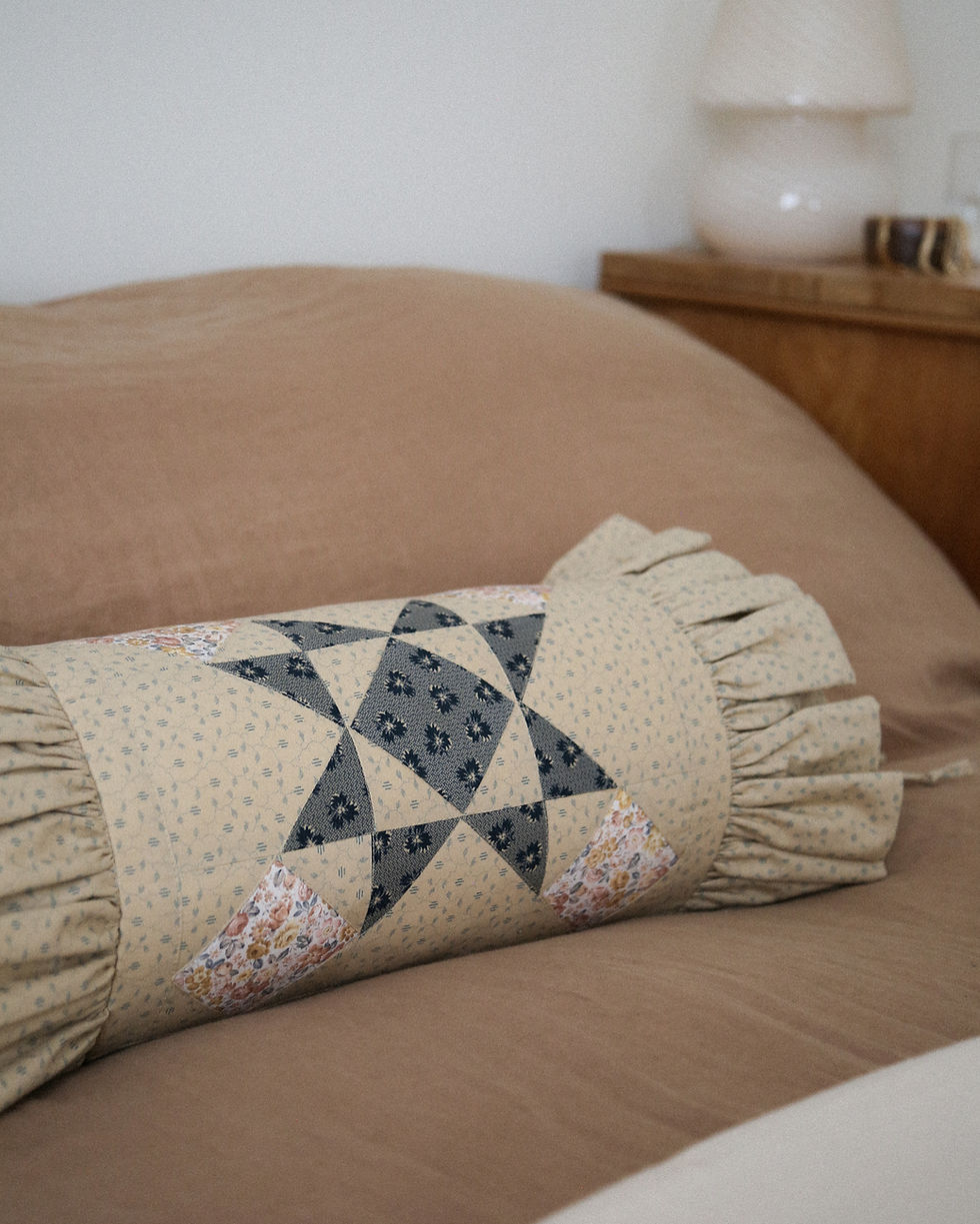 Thumbnail: QUILTED BOLSTER CUSHION COVER WITH RUFFLE - BEIGE