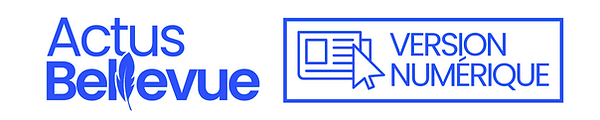Actus Bellevue écrit en bleu, un rectangle bleu à coté avec un journal et une souris d'ordinateur avec "Version Numérique"