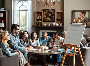 a large multi-generational and multi ethnic family gathered in a large luxurious home all