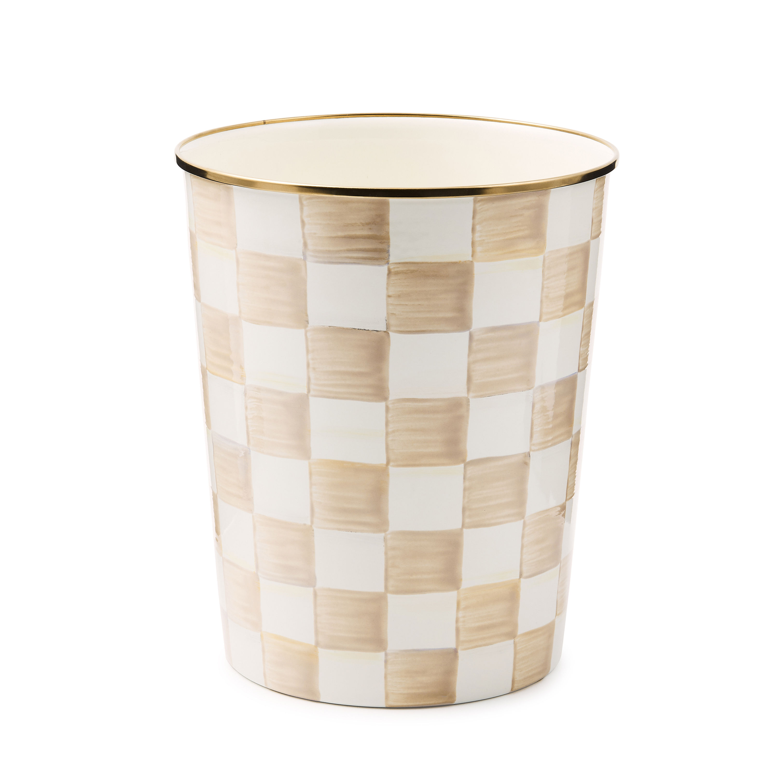 Mackenzie-Childs Mocha Check, brown and white checked waste bin