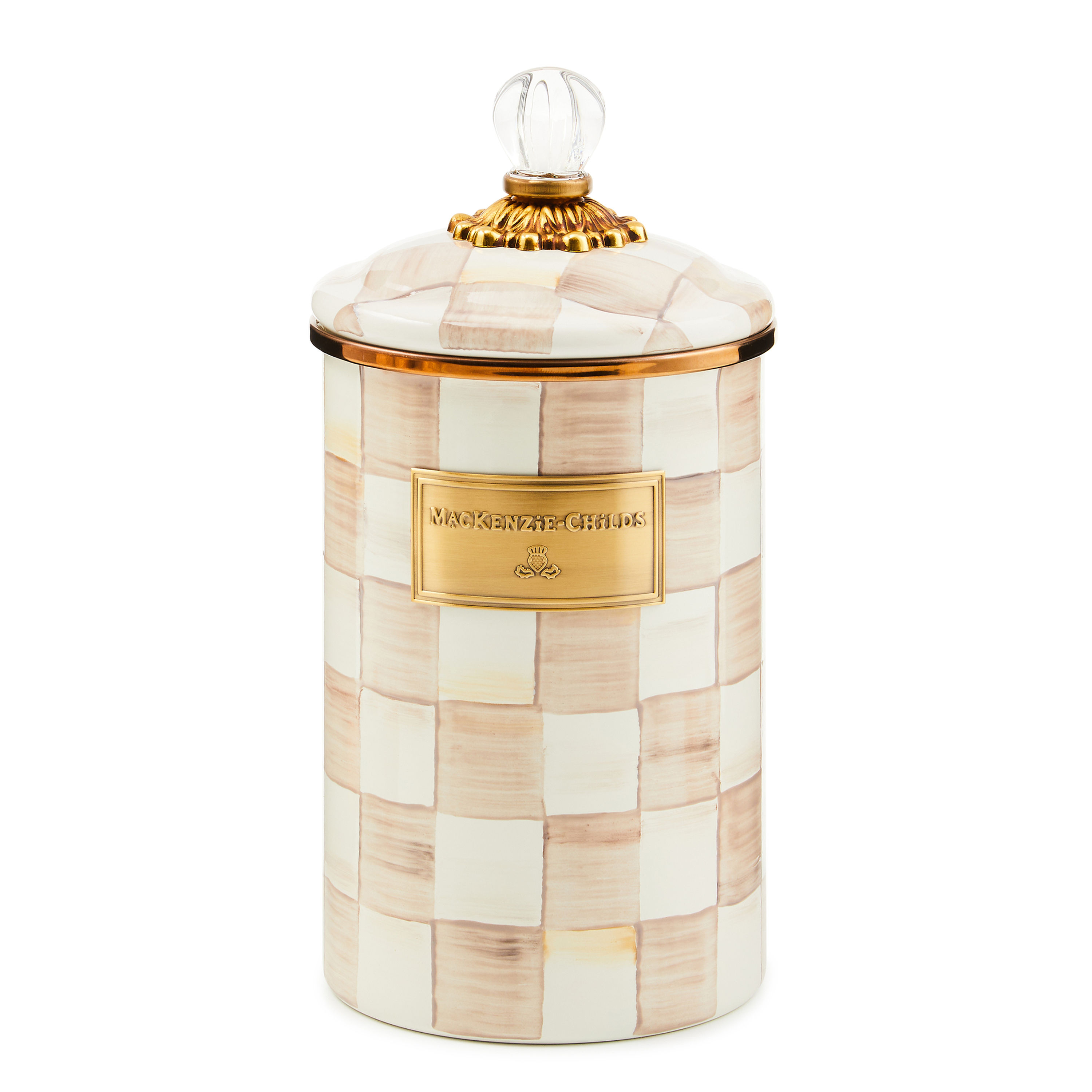 Mackenzie-Childs Mocha Check, brown and white checked large canister
