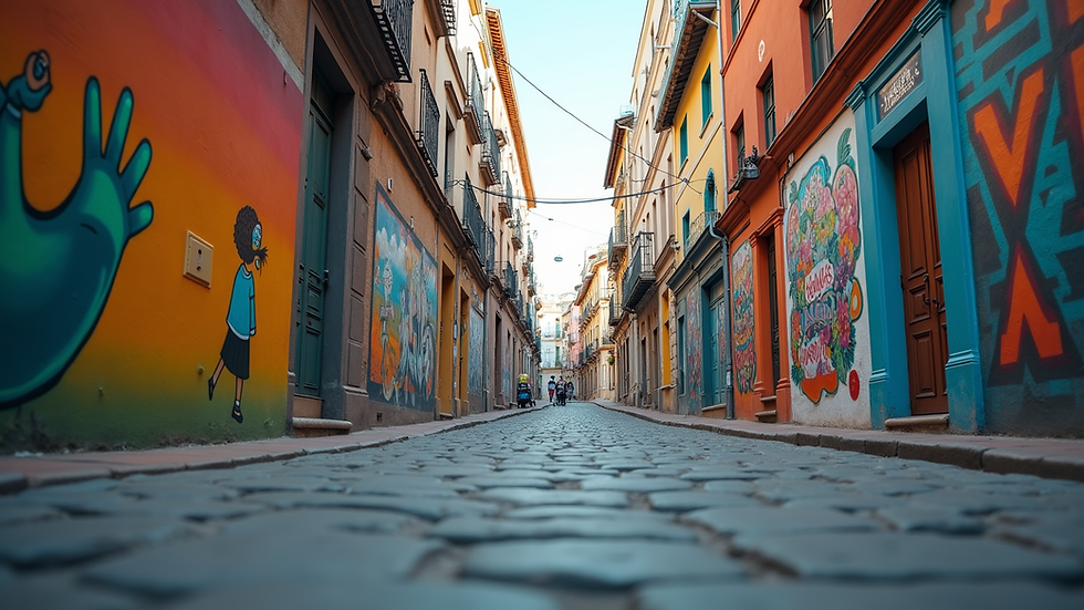 Eye-level view of a vibrant urban street with colorful murals