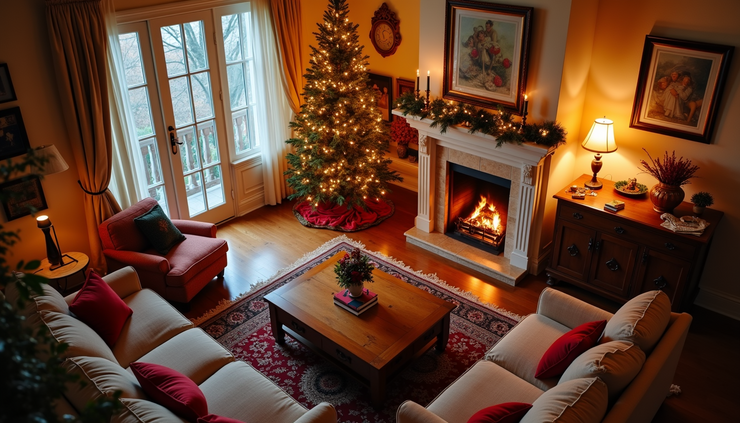 High angle view of a holiday living room with festive decorations and cozy seating arranged for guests