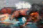 Large-scale expressionist oil painting of horses in motion with blue and earth-tone brushstrokes by Scott Ewen
