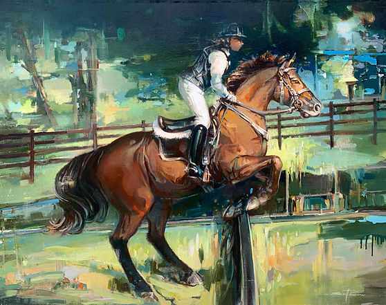 Large-scale oil on linen equestrian commission by Scott Ewen titled 'Jax,' featuring a dynamic portrait of a client's horse mid-jump with expressive brushwork and a scenic green background