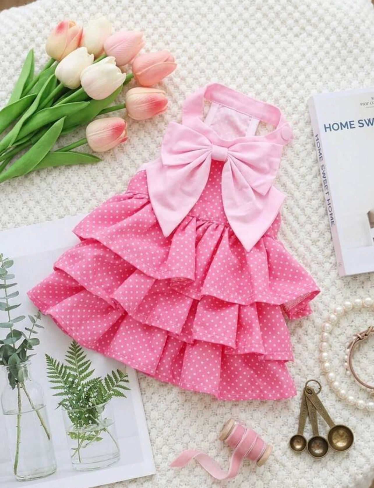 Pink Polka Dot Dog Dress with Leash Ring