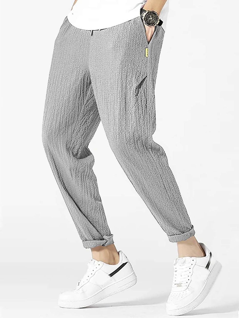 Thumbnail: Men Letter Patched Detail Textured Tapered Pants
