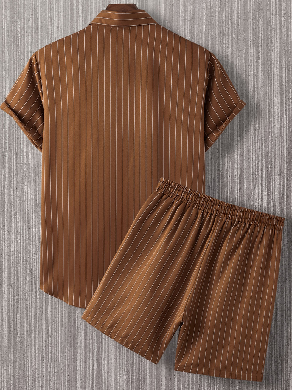 Thumbnail: Men Vertical Striped Shirt & Drawstring Waist Shorts Without Tee