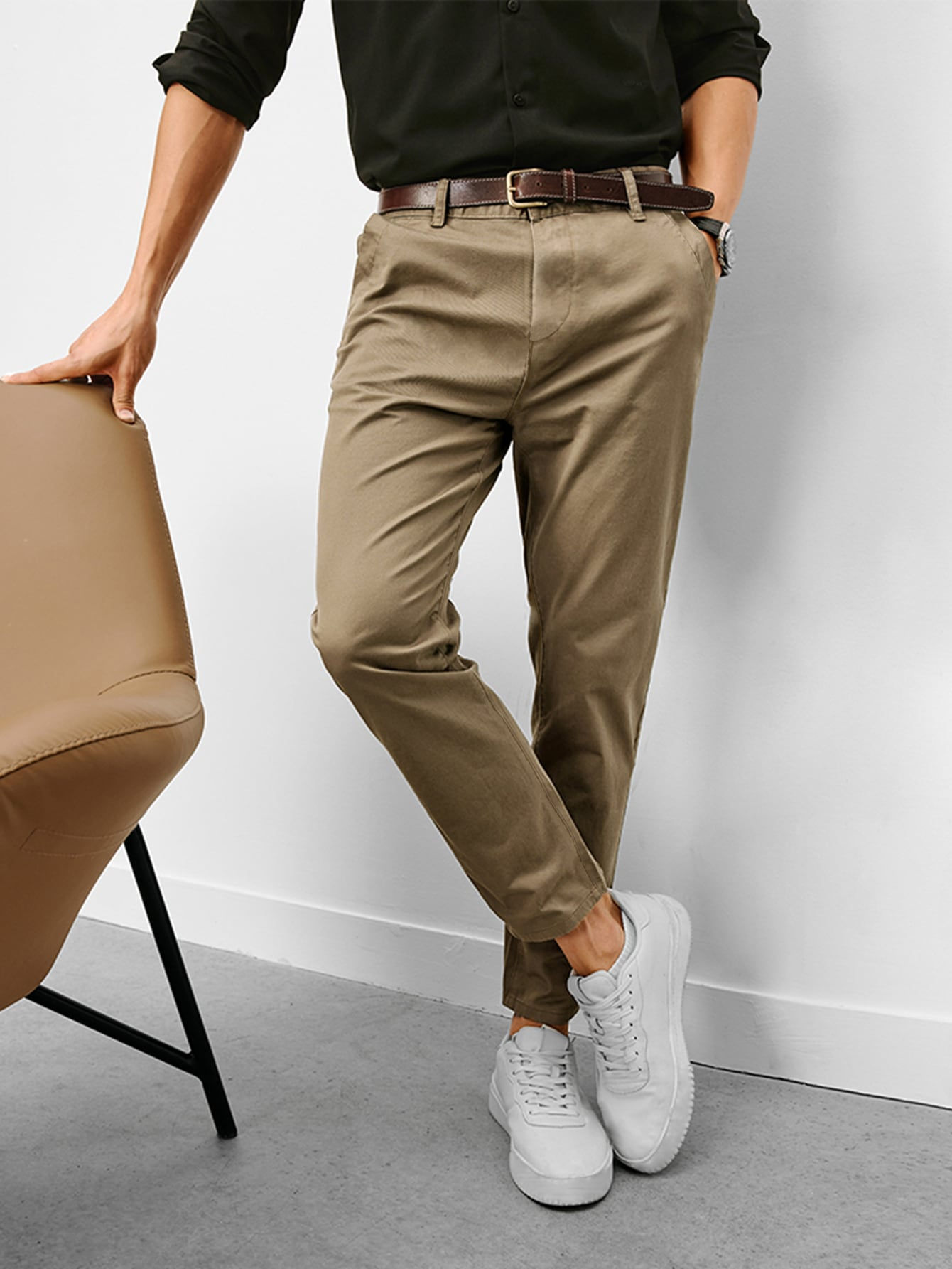 Men Slant Pocket Tailored Pants Without Belt