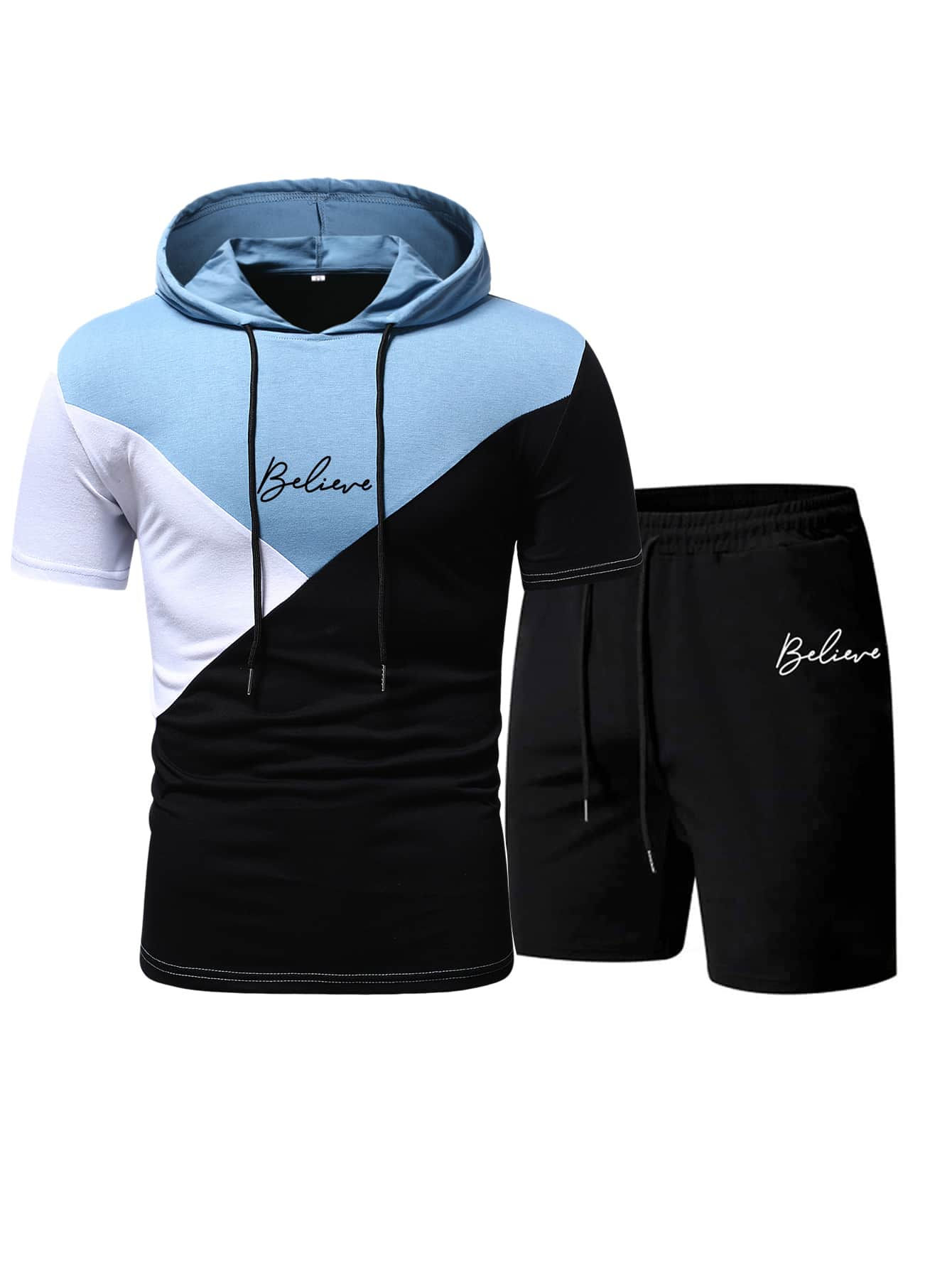 Men Color Block Letter Graphic Drawstring Hooded Tee & Shorts
