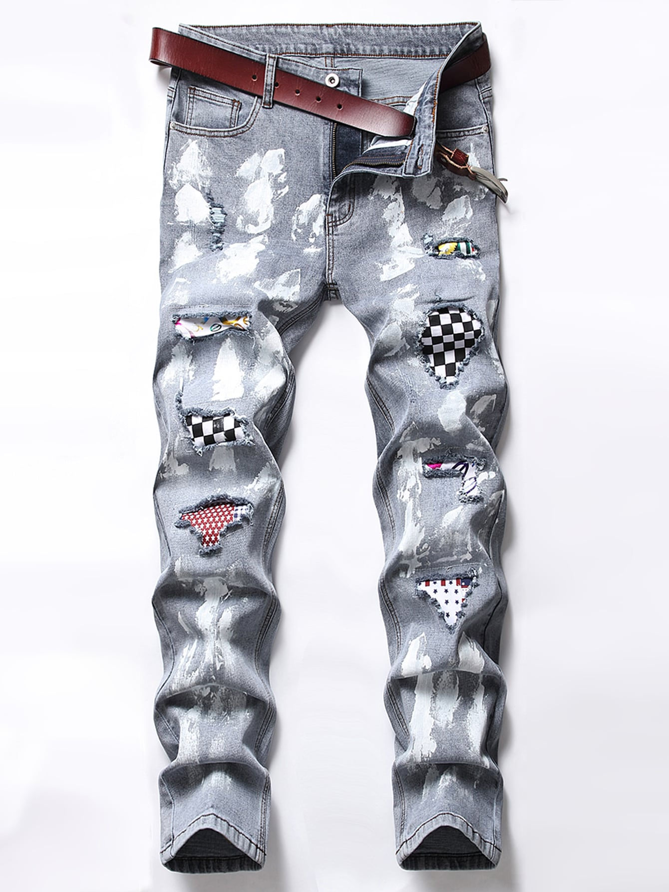 Men Ripped Frayed Rag Stitching Brush Print Jeans