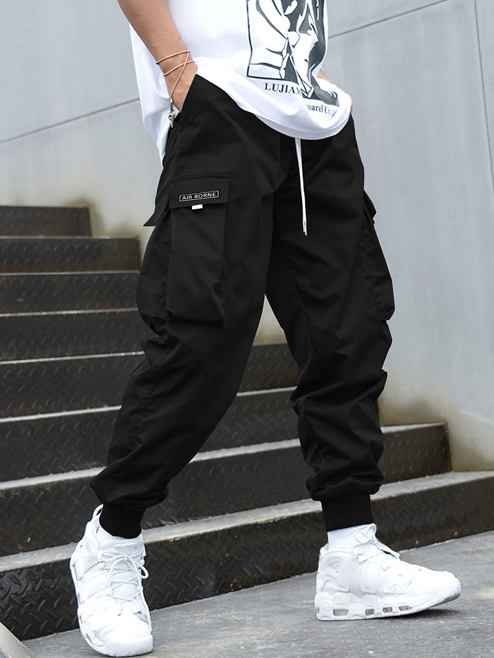 Thumbnail: Men Letter Graphic Flap Pocket Drawstring Waist Cargo Pants