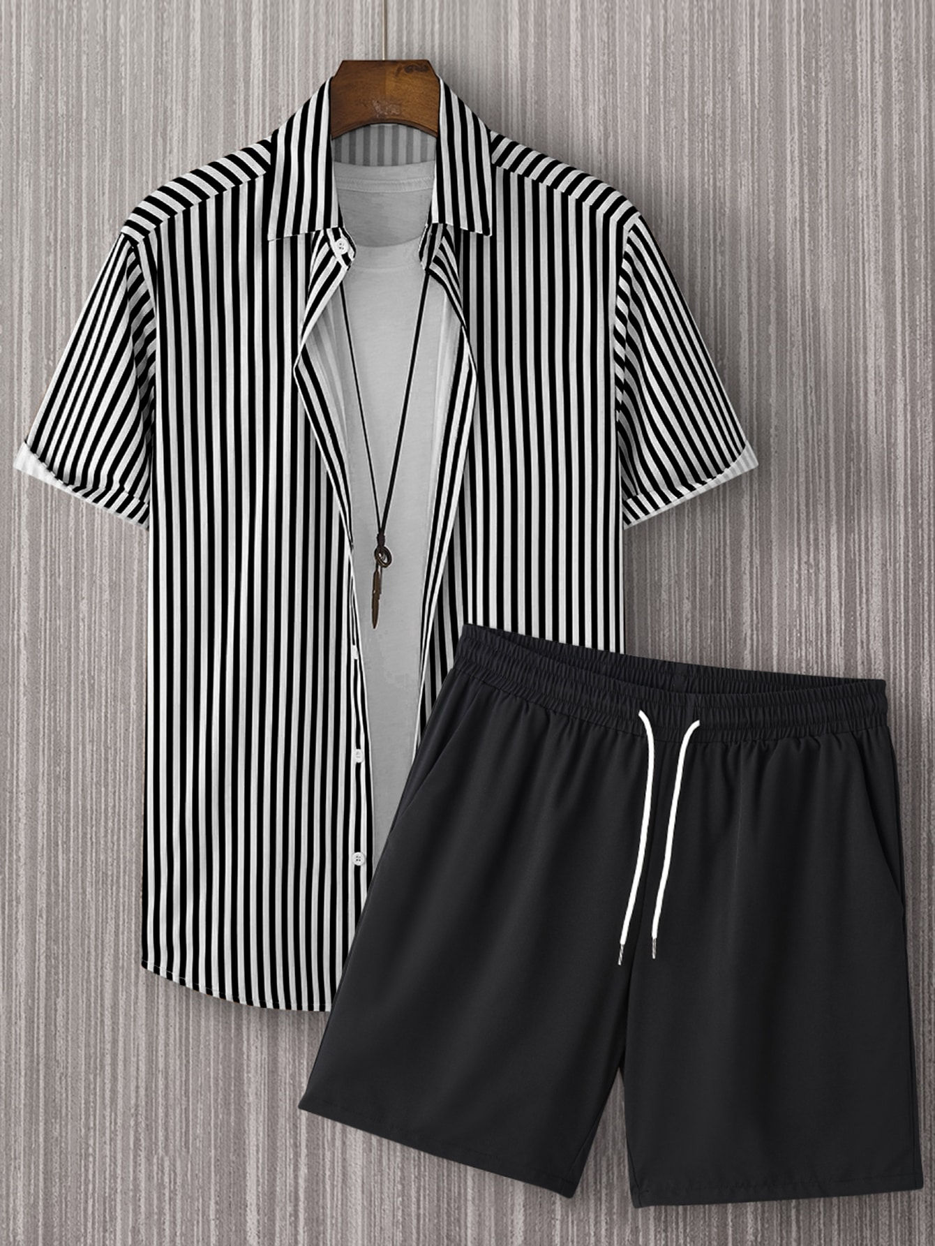 Men Striped Shirt & Drawstring Waist Shorts Without Tee