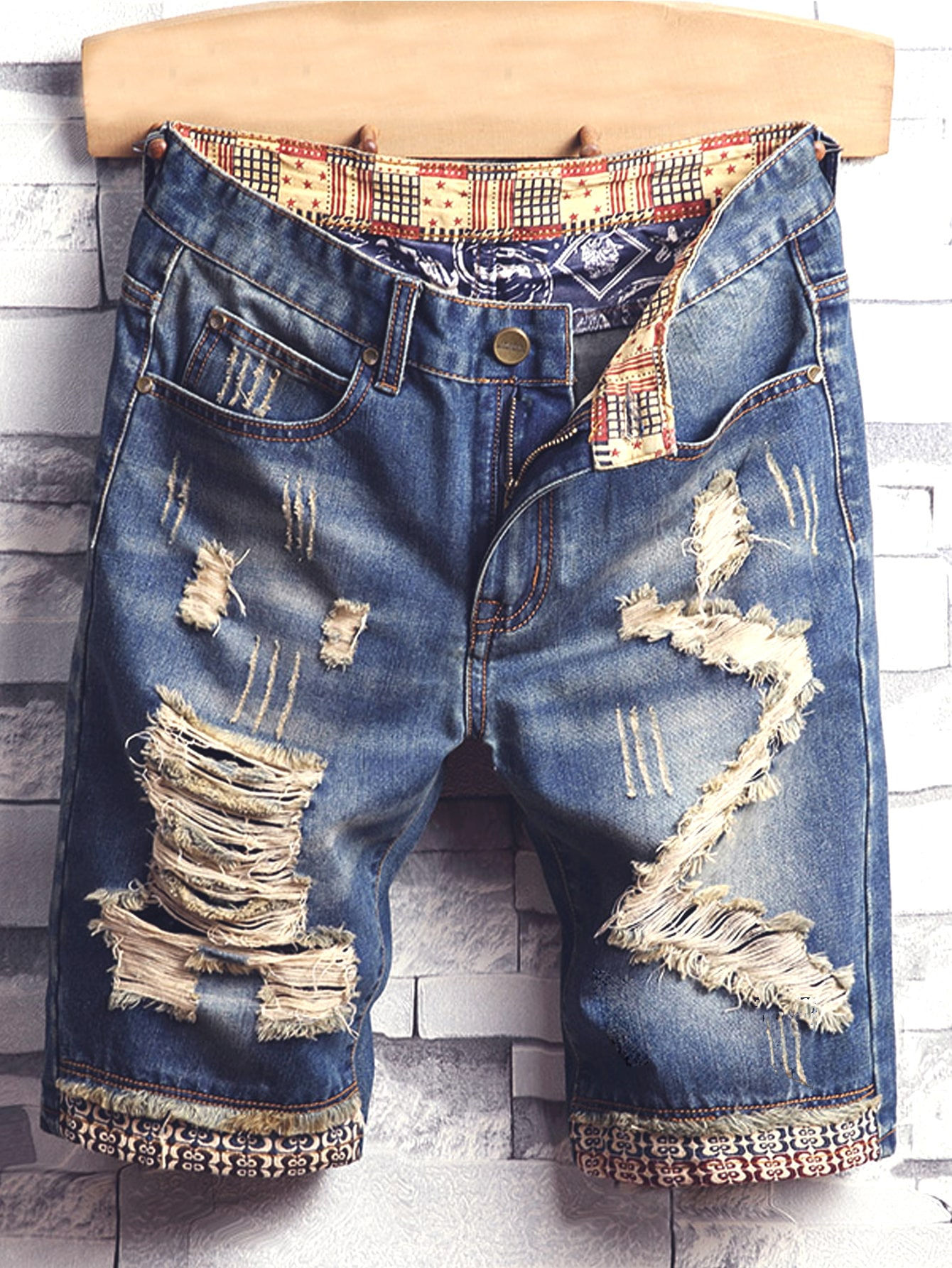 Men Ripped Raw Hem Cat Scratch Denim Shorts