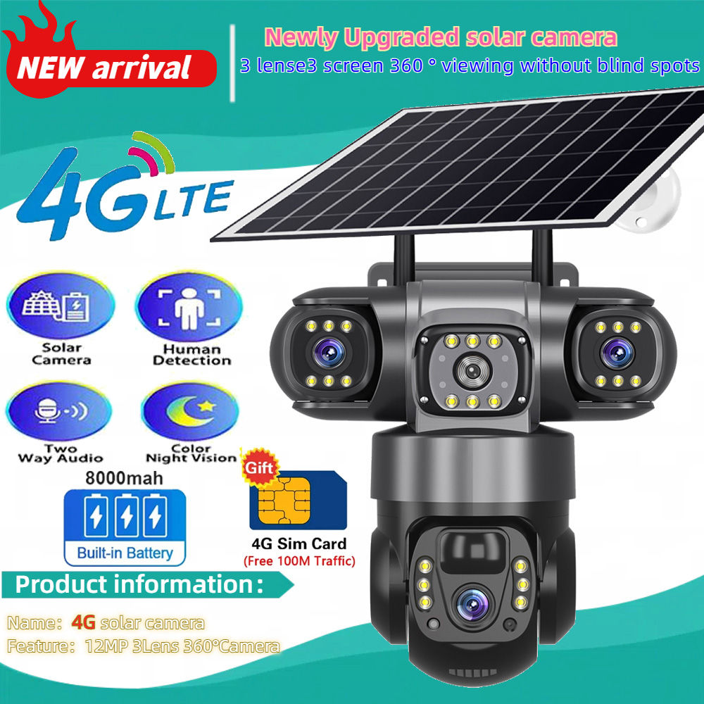 Solar Camera 4G Sim Outdoor 3 Lens 3 Screen 10X Zoom PIR Human Detect Cameras Wa