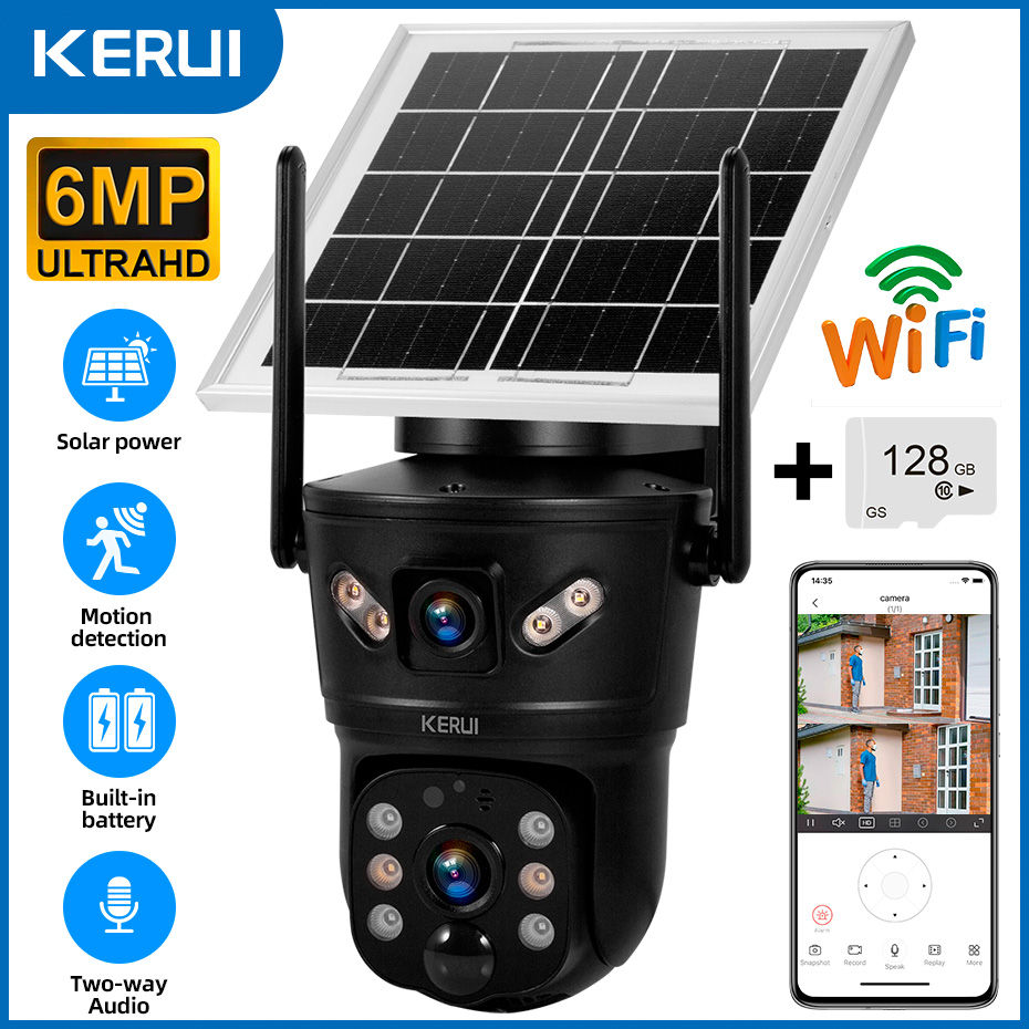 Thumbnail: KERUI Outdoor Waterproof 6MP 4G SIM WIFI Solar Camera Dual Lens Camera Solar Pan