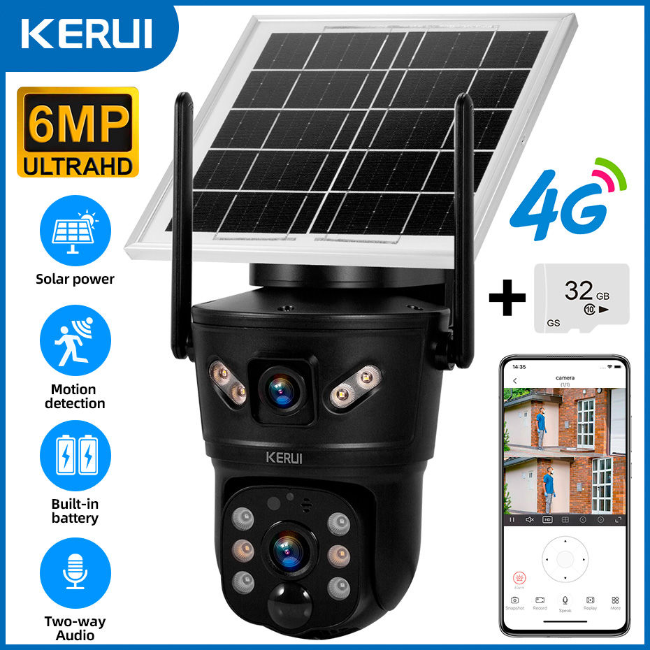 Thumbnail: KERUI Outdoor Waterproof 6MP 4G SIM WIFI Solar Camera Dual Lens Camera Solar Pan