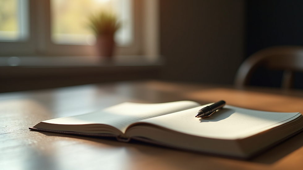 Close-up view of a journal and pen on a wooden table used for emotional reflection