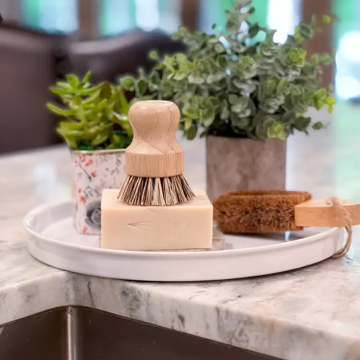 solid dish soap bar on a tray on a kitchen counter with sisal brush and plants