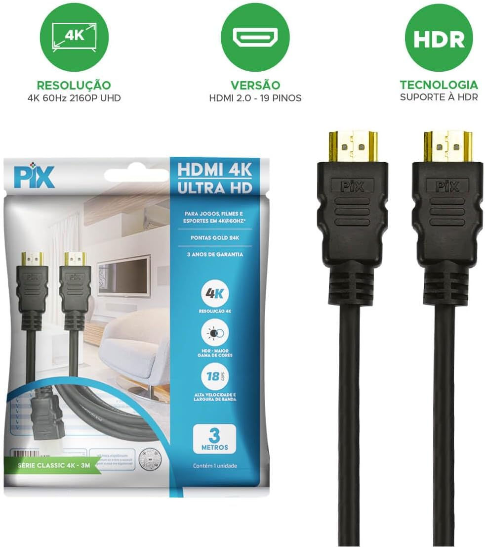 Cabo Hdmi 2.0 4K Hdr 19P 2M Pix Gold, Preto