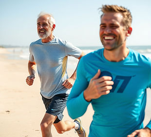 a close-up of 2 men running along the beach. one is aged 65, the other is aged 27. they ar