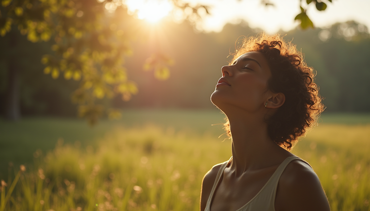 目線の高さから見た穏やかな自然の中で深呼吸する人