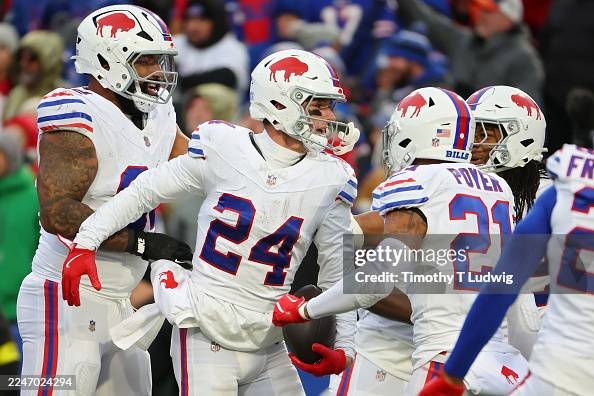 ORCHARD PARK, NEW YORK - NOVEMBER 16: Cole Bishop #24 of the Buffalo Bills celebrates an interception during the third quarter against the Tampa Bay Buccaneers at Highmark Stadium on November 16, 2025 in Orchard Park, New York. (Photo by Timothy T Ludwig/Getty Images)