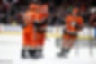 ANAHEIM, CA - NOVEMBER 4: Leo Carlsson #91, Cutter Gauthier #61, Jackson Lacombe #2, and Troy Terry #19 of the Anaheim Ducks celebrate Gauthier's first period goal during the game against the Florida Panthers on November 4, 2025 at Honda Center in Anaheim, California. (Photo by Debora Robinson/NHLI via Getty Images)