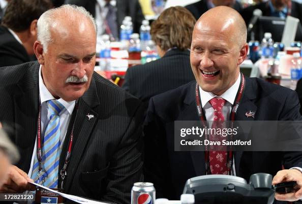 NEWARK, NJ - JUNE 30: President of Hockey Operations John Davidson of the Columbus Blue Jackets sits with general Manager Jarmo Kekalainen during the 2013 NHL Draft at Prudential Center on June 30, 2013 in Newark, New Jersey. (Photo by Dave Sandford/NHLI via Getty Images)