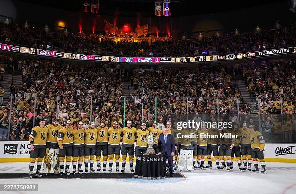 LAS VEGAS, NEVADA - MAY 26: NHL Deputy Commissioner Bill Daly presents the Vegas Golden Knights with the Clarence S. Campbell Bowl after the team's 2-1 victory over the Colorado Avalanche in Game Four of the Western Conference Final of the 2026 Stanley Cup Playoffs at T-Mobile Arena on May 26, 2026 in Las Vegas, Nevada. (Photo by Ethan Miller/Getty Images)