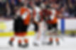 PHILADELPHIA, PENNSYLVANIA - APRIL 05: Trevor Zegras #46, Travis Konecny #11, Dan Vladar #80 and Jamie Drysdale #9 of the Philadelphia Flyers celebrate a 2-1 win over the Boston Bruins during overtime at Xfinity Mobile Arena on April 05, 2026 in Philadelphia, Pennsylvania. (Photo by Emilee Chinn/Getty Images)