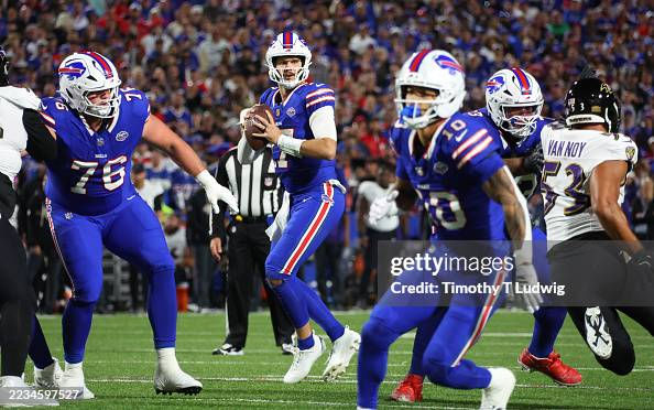 ORCHARD PARK, NEW YORK - SEPTEMBER 7: Josh Allen #17 of the Buffalo Bills drops back to throw a pass against the Baltimore Ravens at Highmark Stadium on September 7, 2025 in Orchard Park, New York. (Photo by Timothy T Ludwig/Getty Images)