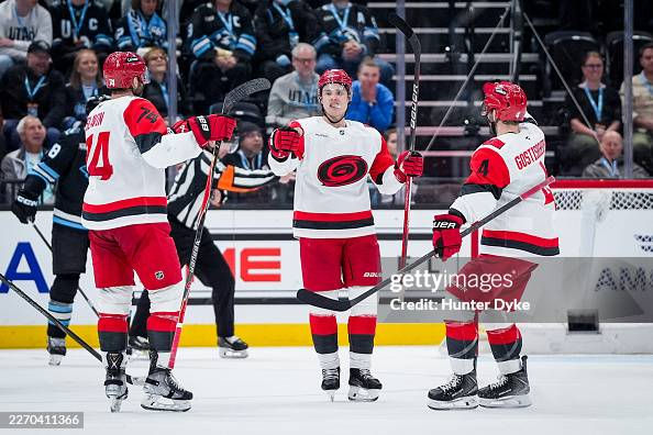 SALT LAKE CITY, UTAH - APRIL 11: Sebastian Aho #20 of the Carolina Hurricanes celebrates a goal with teammates during the third period against the Utah Mammoth at Delta Center on April 11, 2026 in Salt Lake City, Utah. (Photo by Hunter Dyke/NHLI via Getty Images)