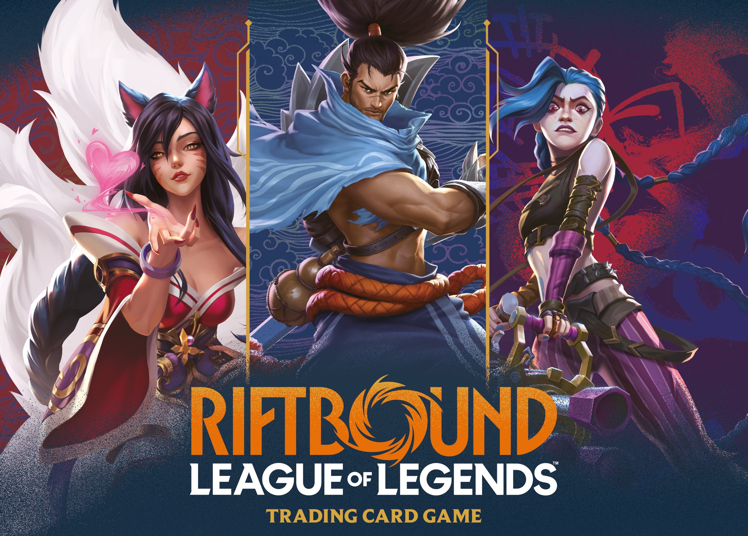 Riftbound League of Legends Trading Card Game mit Ahri, Yasuo und Jinx.