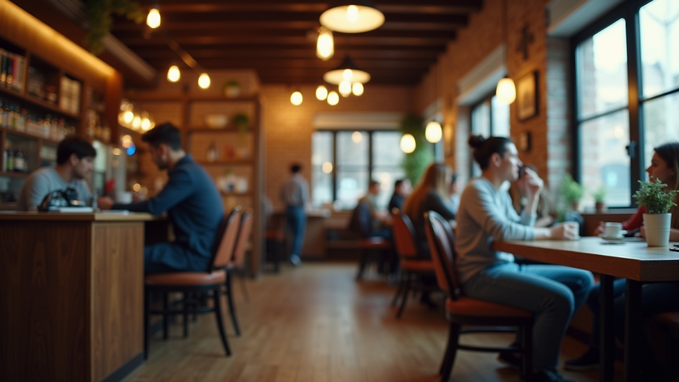 Eye-level view of a cozy coffee shop interior with people engaged in conversation