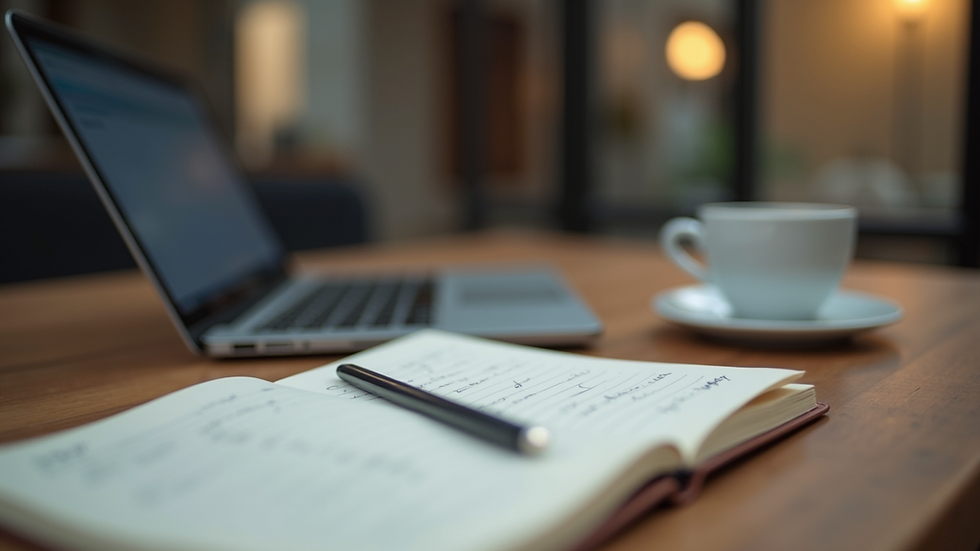 Eye-level view of a laptop with a notepad and a cup of coffee on a wooden table