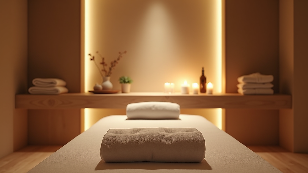 Eye-level view of a cozy room with soft lighting and massage setup