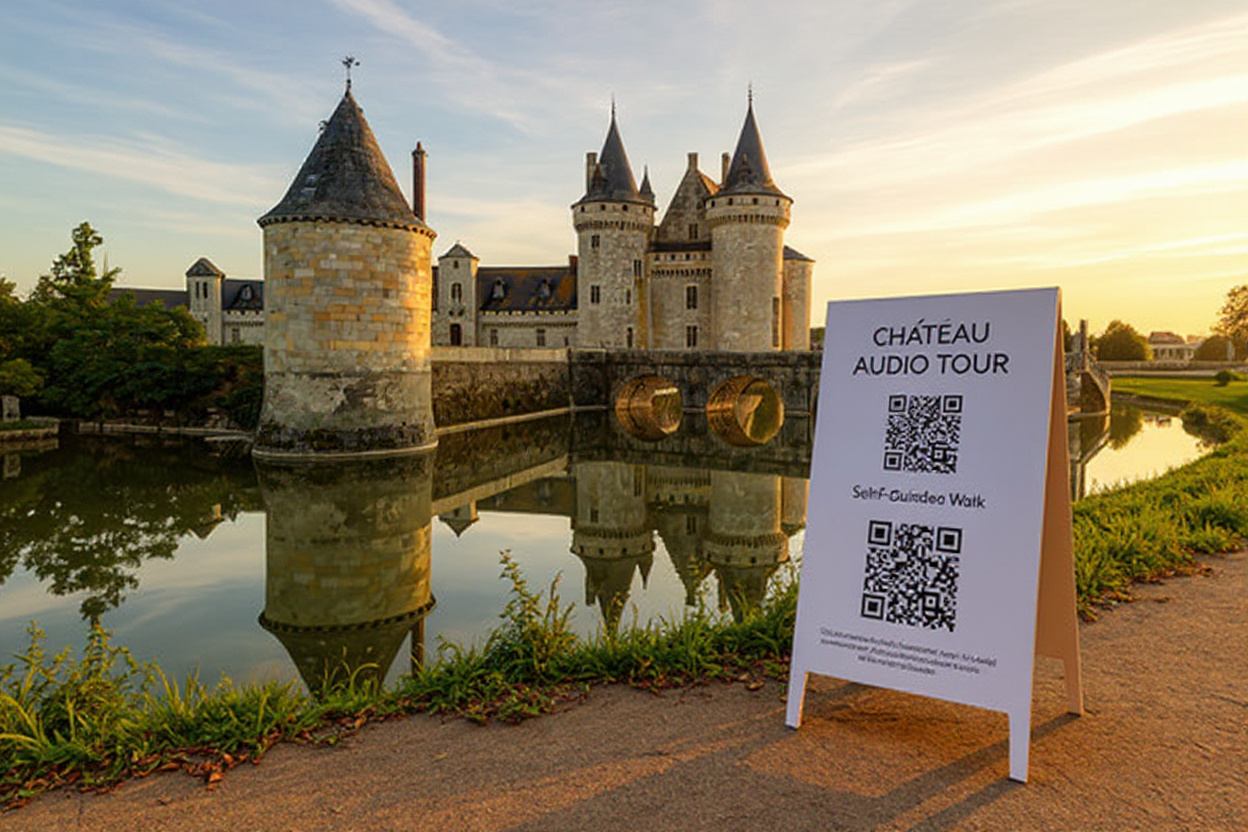 Un élégant panneau QR pour l’audioguide « Château Lumière » à l’entrée du pont, invitant à une visite libre au soleil couchant.