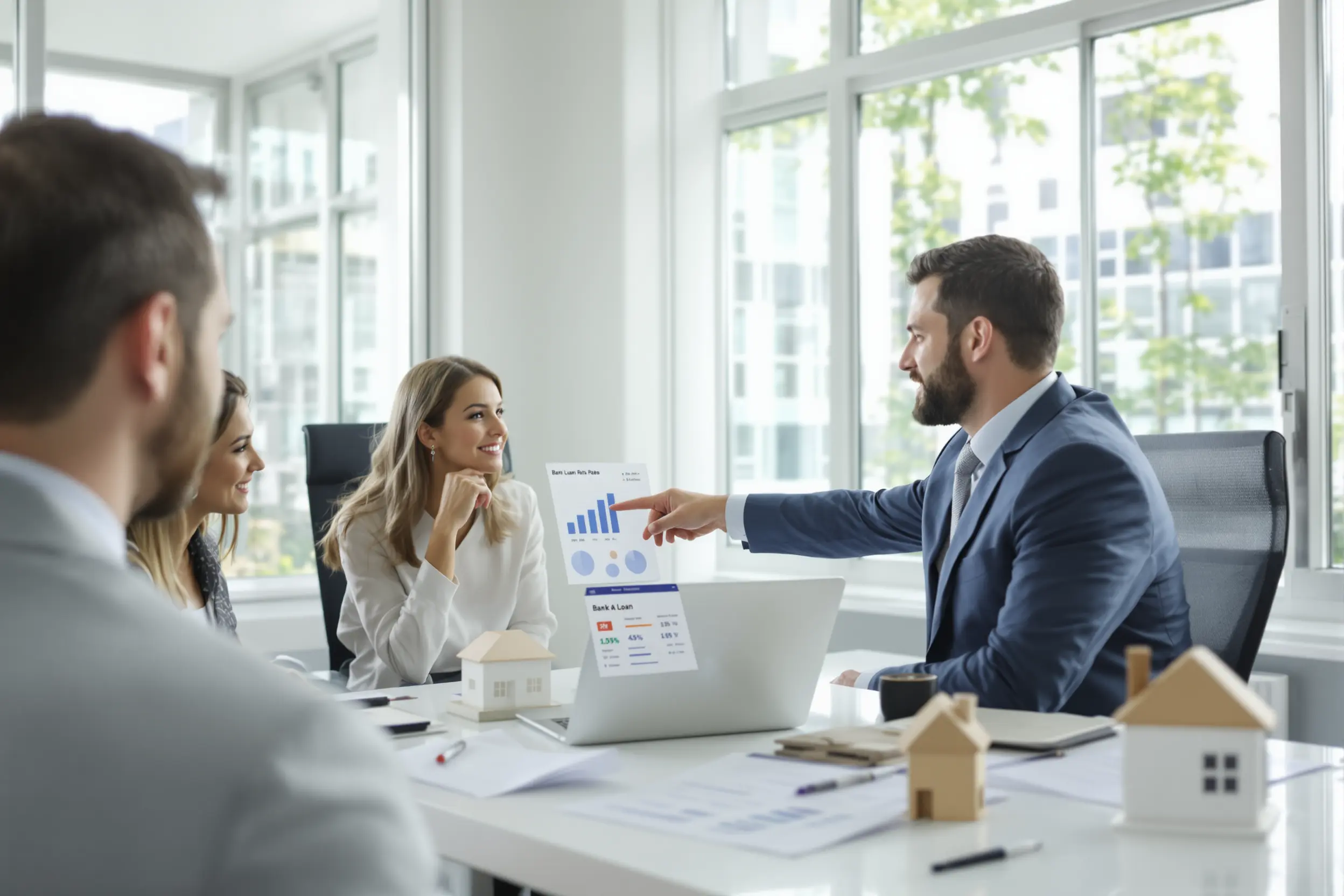 Conseiller en courtage présentant des offres de taux immobiliers à un jeune couple
