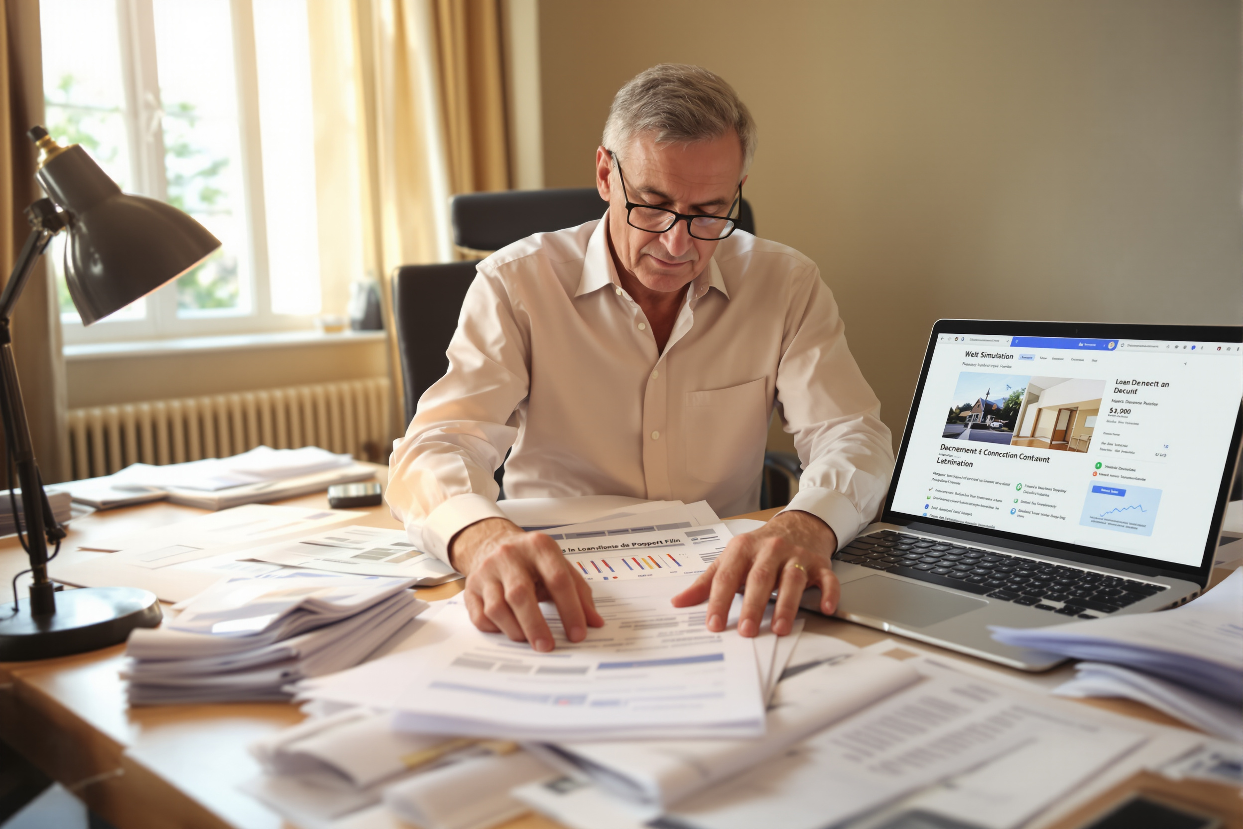 Senior préparant son dossier de prêt relais avec documents financiers